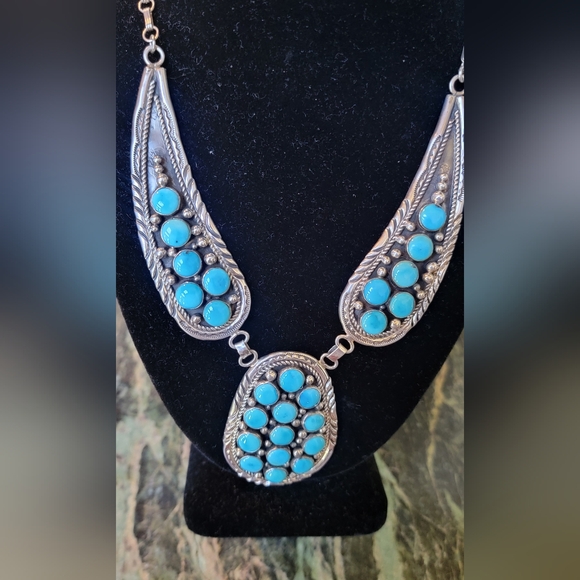 NEW CHARLES JOHNSON NATIVE AMERICAN NAVAJO STERLING SILVER TURQUOISE BIB NECKLAC - Picture 11 of 14